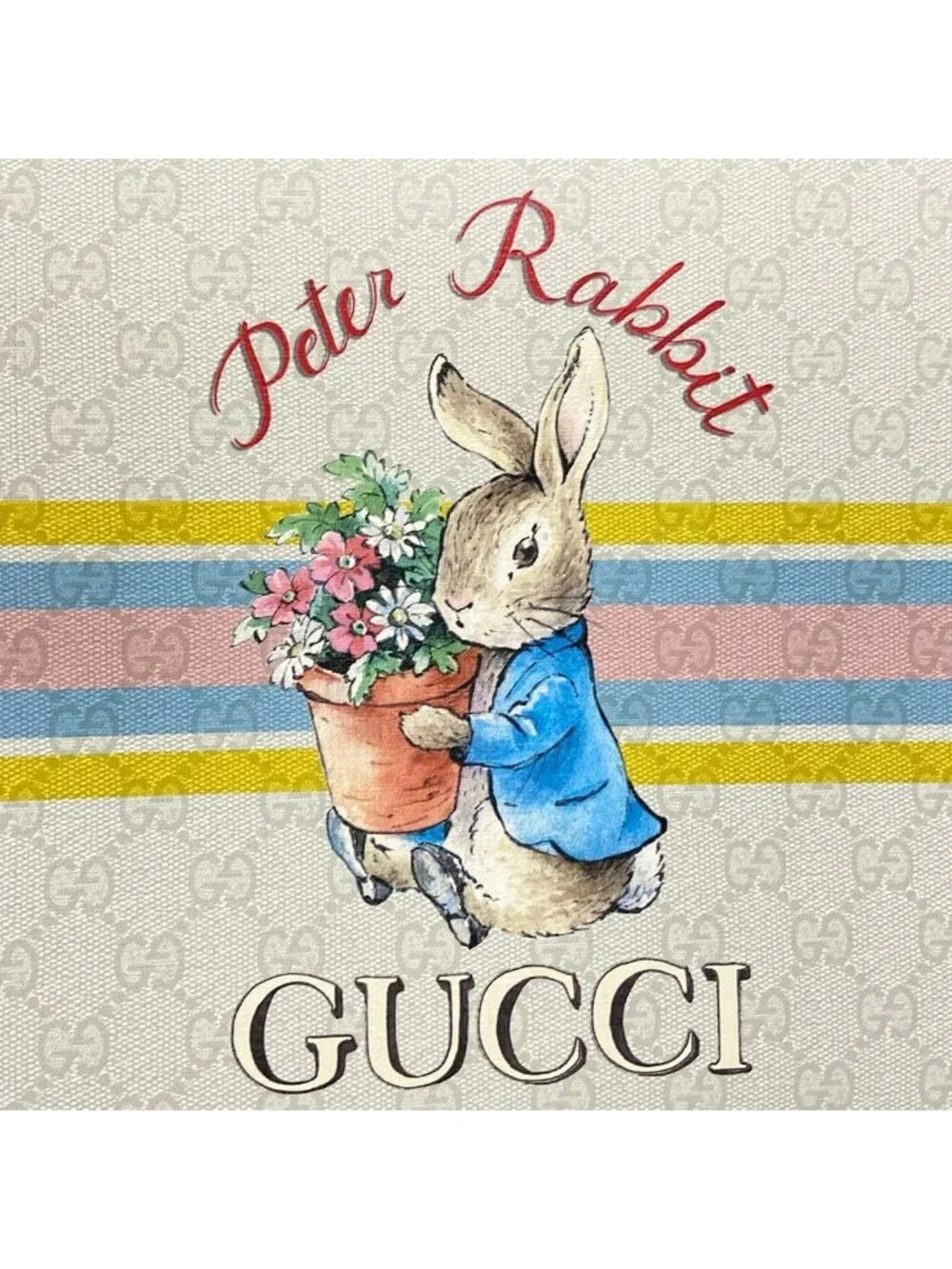 Gucci Tote Children's GG Print Ivory Light Blue Multi Peter Rabbit Leather
